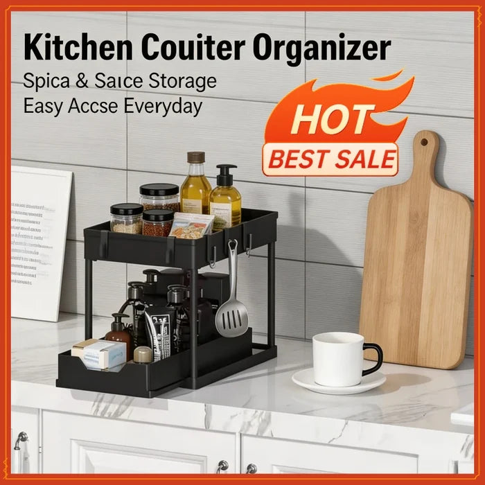Two-tier sliding under-sink organizer for kitchen or bathroom