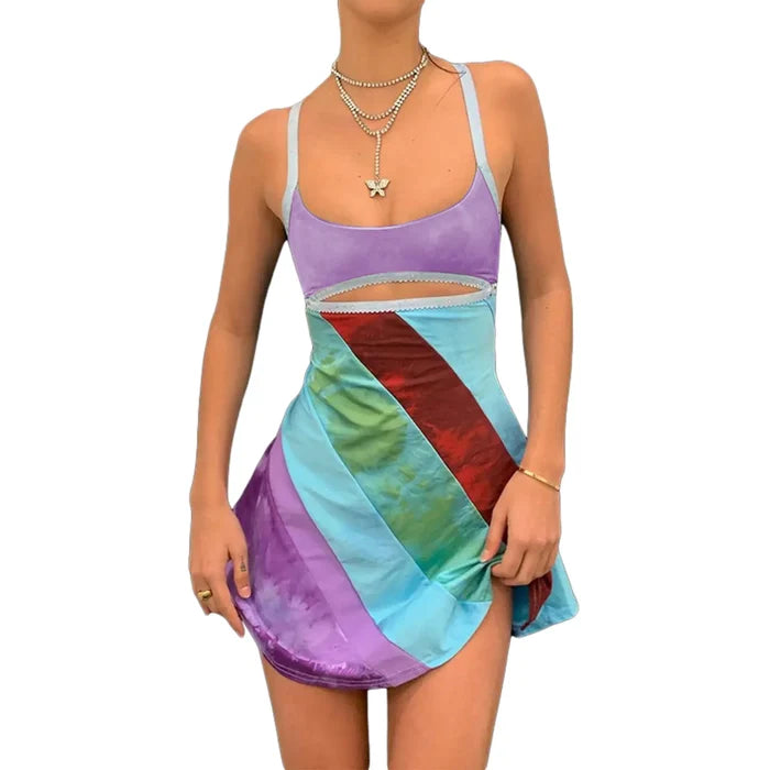 2024 New Women’s Casual Sweet Suspender A-line Dress Fashion Contrast Color U-neck Hollow Short Dress