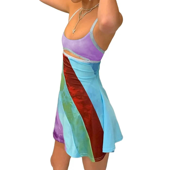 2024 New Women’s Casual Sweet Suspender A-line Dress Fashion Contrast Color U-neck Hollow Short Dress