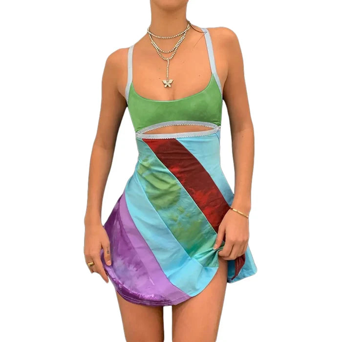 2024 New Women’s Casual Sweet Suspender A-line Dress Fashion Contrast Color U-neck Hollow Short Dress