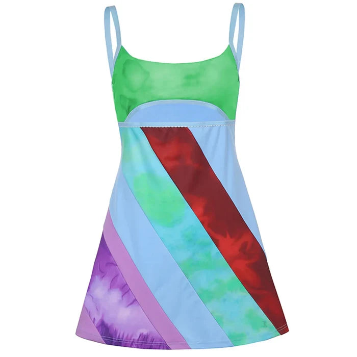 2024 New Women’s Casual Sweet Suspender A-line Dress Fashion Contrast Color U-neck Hollow Short Dress