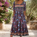 Women's Bohemia Loose Fashion Print Round Neck Short Sleeve Long Dress
