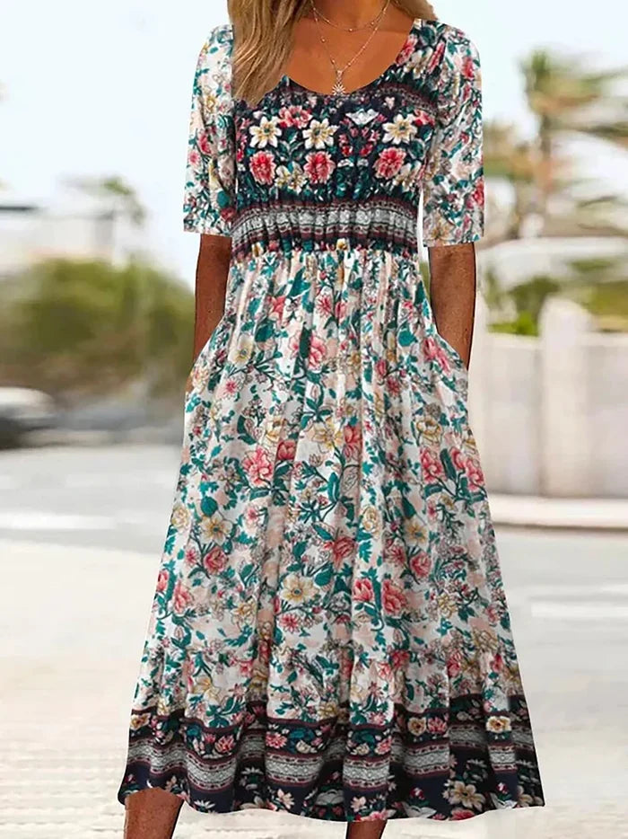 2025 summer new women's Bohemia loose fashion print round neck short sleeve long dress