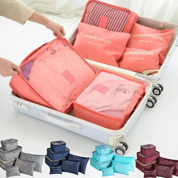 Set of six travel packing cubes for clothes and shoes
