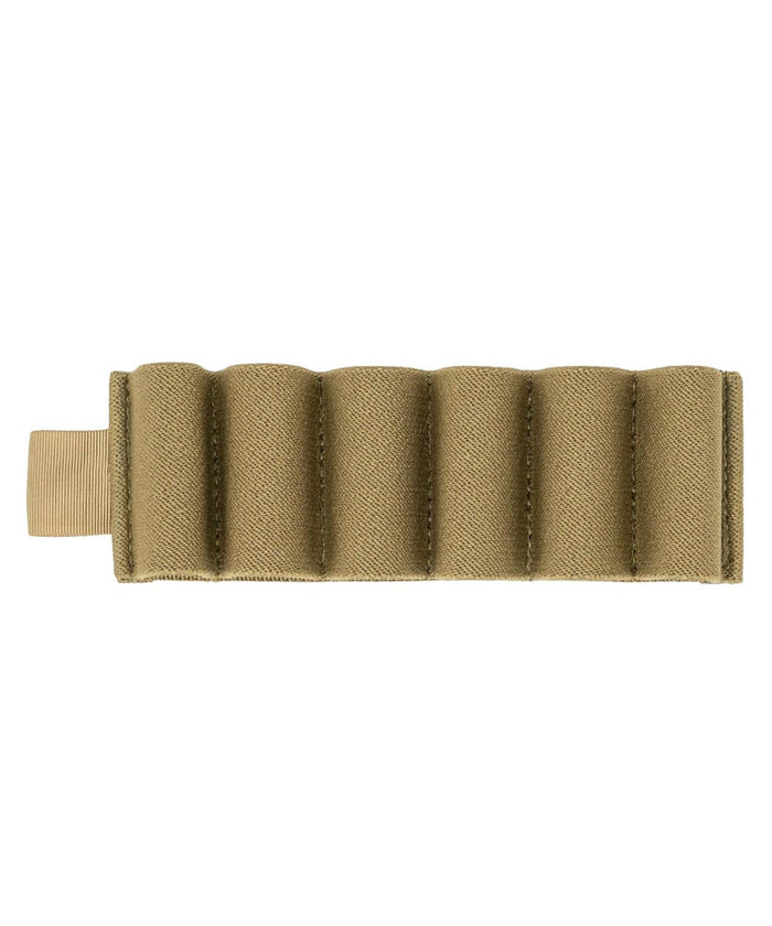 Tan fabric shotgun shell holder with six elastic loops and a webbed attachment tab.