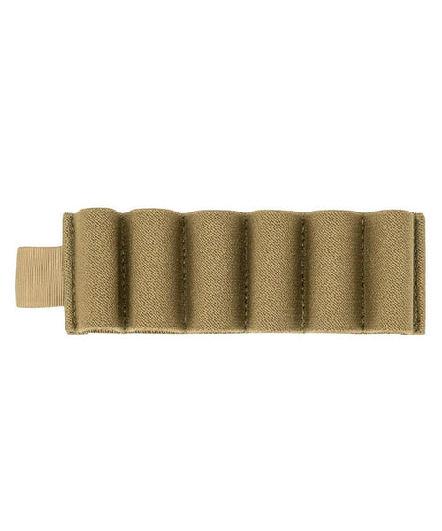 Tan fabric shotgun shell holder with six elastic loops and a webbed attachment tab.