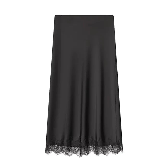 กระโปรงผู้หญิงแฟชั่นตกแต่งลูกไม้ กระโปรงผ้าซาตินยาวปานกลาง สไตล์วินเทจ เอวสูง