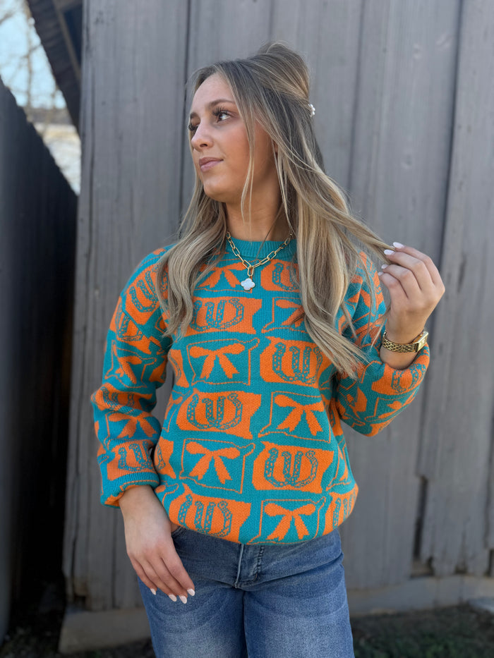 Teal Horseshoe & Bow Sweater