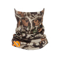 Woodland camouflage neck gaiter with an orange logo on the lower left.