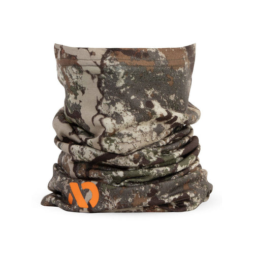 Multi-color camouflage neck gaiter stands upright with an orange logo at the bottom.