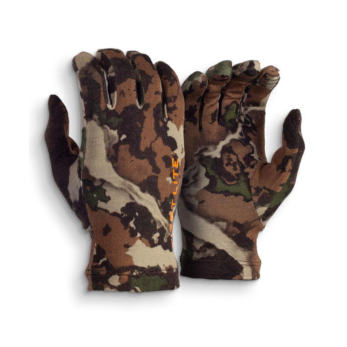 A pair of brown, tan, and green camouflage gloves, featuring "LITE" in orange text on the left glove and darker fabric on the thumbs.