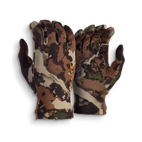A pair of brown, tan, and green camouflage gloves, featuring "LITE" in orange text on the left glove and darker fabric on the thumbs.