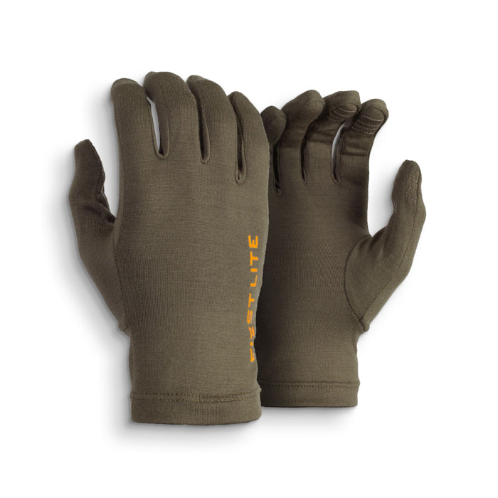A pair of olive green full-fingered gloves featuring orange "FIRST LITE" text on the left glove and textured fingertips.