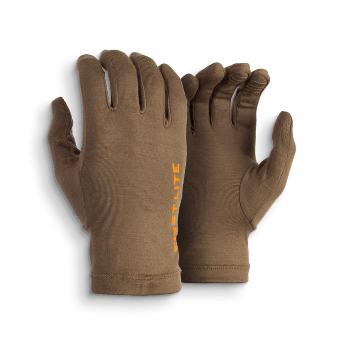 Pair of brown fingerless gloves with an orange "ST LITE" logo on the back of one hand.