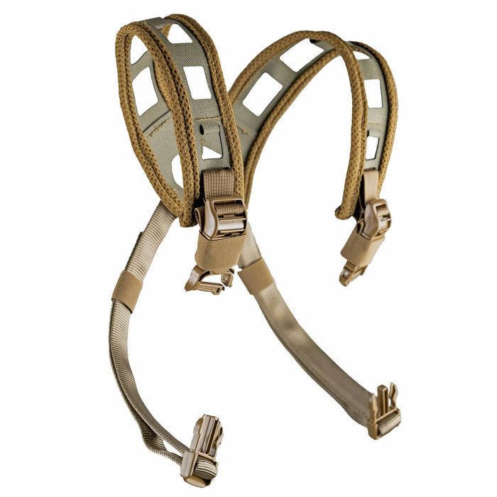 Coyote brown tactical harness with padded, perforated shoulder straps and quick-release buckles.