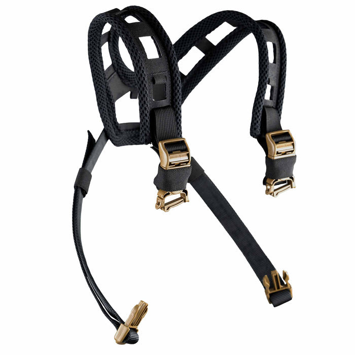 Black tactical shoulder strap system with mesh padding, rectangular cutouts, black webbing, and tan quick-release buckles and clips.