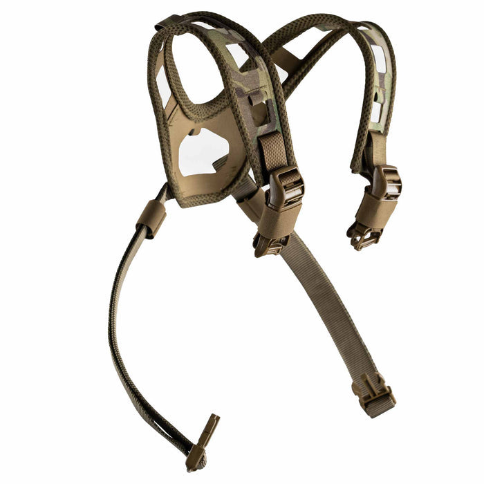 Olive green tactical harness with camouflage padded shoulder straps, laser-cut slots, adjustable webbing, and quick-release buckles.