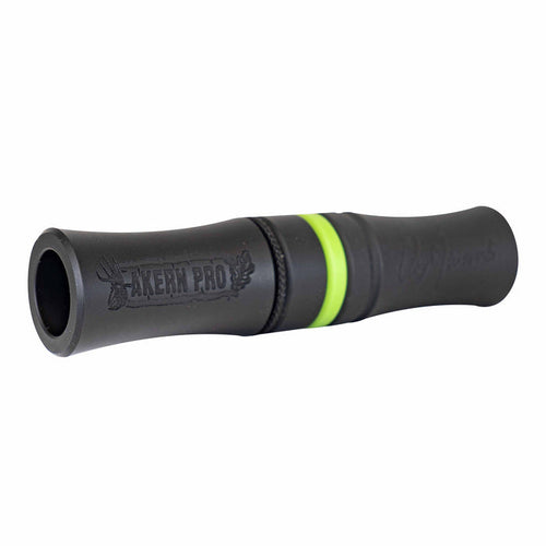 Black duck call with 'AKERN PRO' text, a deer head logo, and a lime green band.