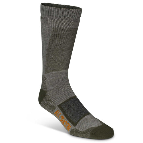 Olive green and gray crew sock with textured panels and orange "ALL SEASON" text.