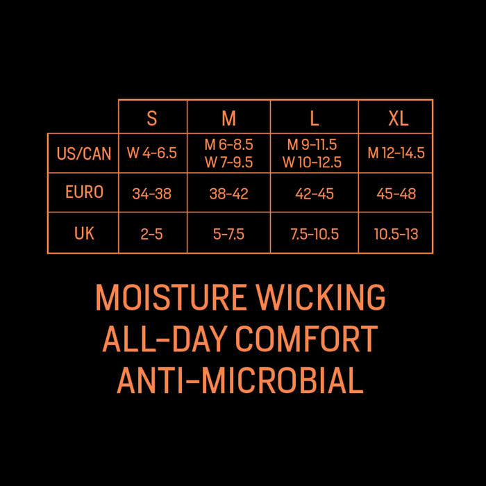 An orange and black graphic displaying a clothing size chart (S, M, L, XL in US/CAN, EURO, UK sizes) and product features: moisture wicking, all-day comfort, anti-microbial.