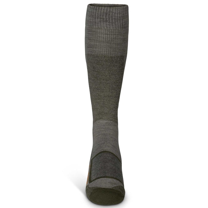 Olive green tall knit sock with dark reinforced heel and toe, and a small orange accent.
