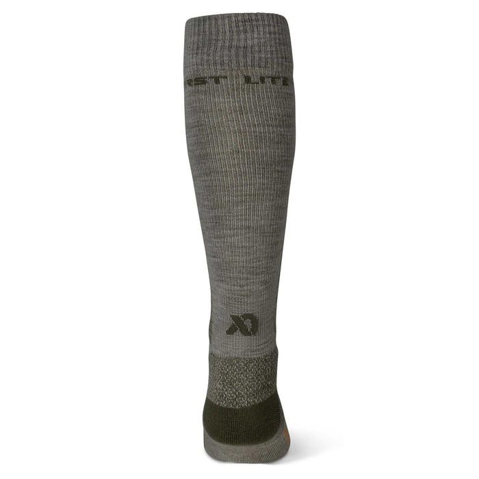 Grey-green knee-high sock with "FIRST LITE" branding and a dark green textured heel.