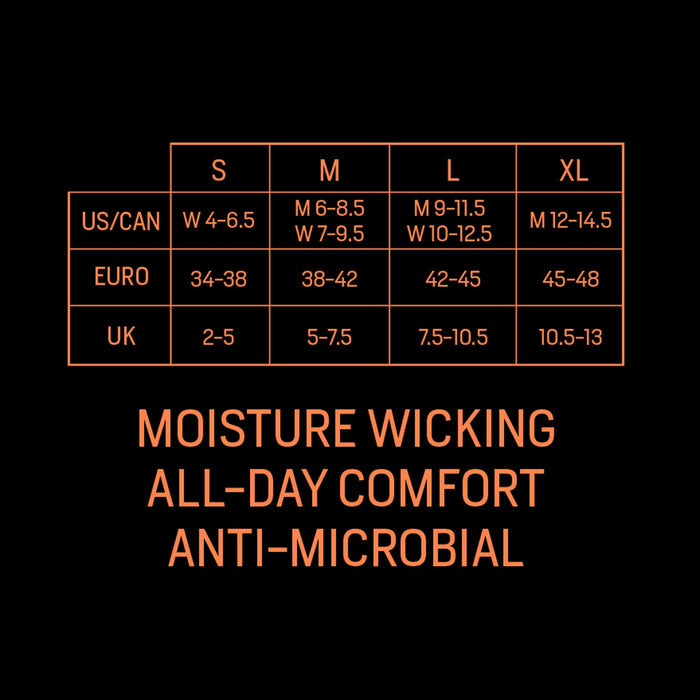 Orange and black size chart with S-XL international shoe sizes and product features: moisture wicking, all-day comfort, anti-microbial.