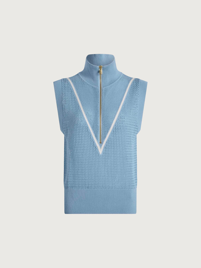 Airy Blue|Varley Allena Half Zip Vest in Airy Blue, front-zip sleeveless knit with a relaxed fit.