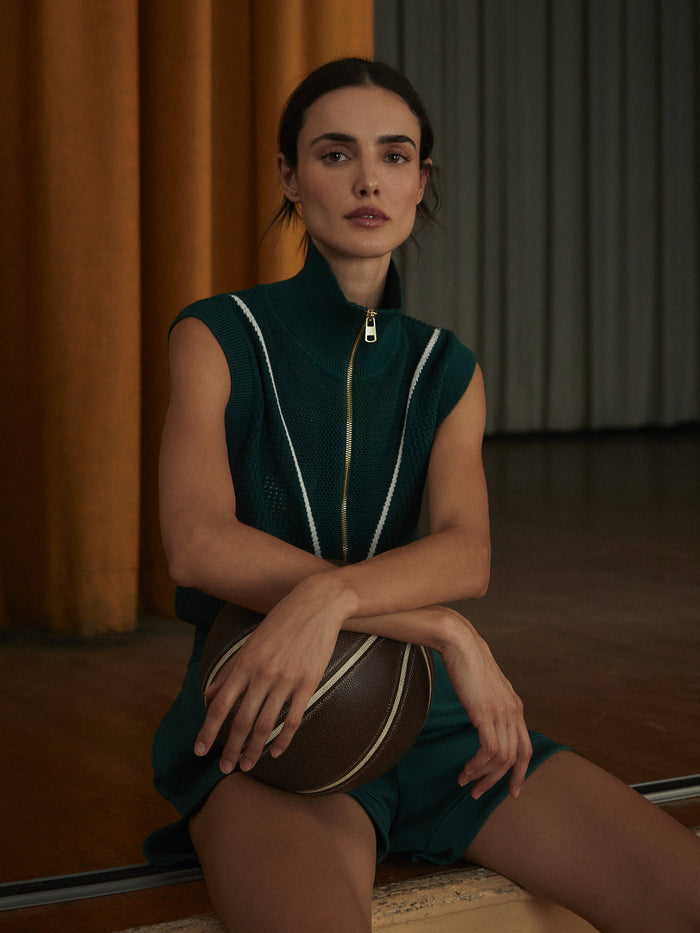Forest|Allena Half Zip Vest Forest Hero, front-facing product shot in forest green, half-zip neckline, sleeveless vest against a neutral backdrop.