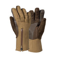 A pair of khaki and dark brown gloves featuring "FIRST LITE" on the left index finger, textured finger backs, and a vertical wrist zipper.