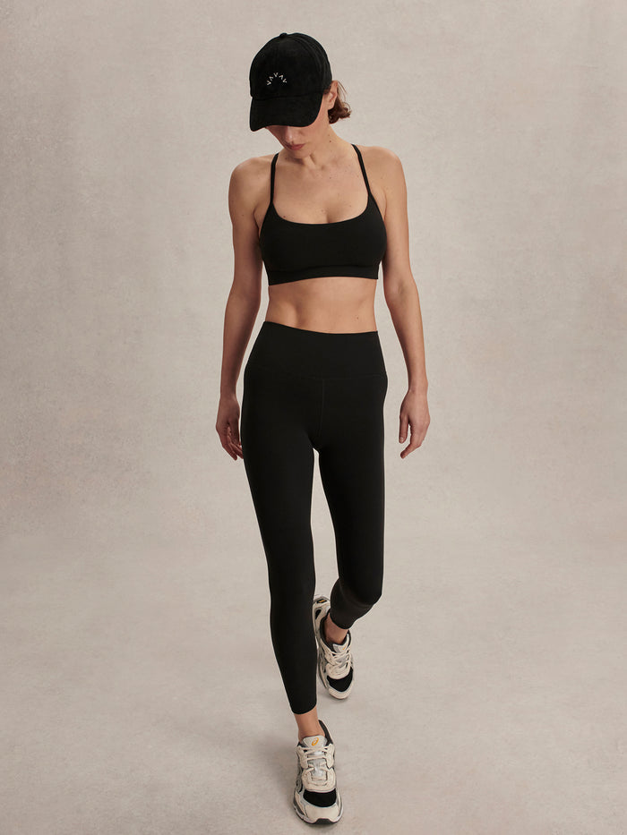Black|Always High Rise Legging 25 in black, Always fabric for stretch and moisture-wicking, rolled waistband, triangle gusset, shaped back waistband.