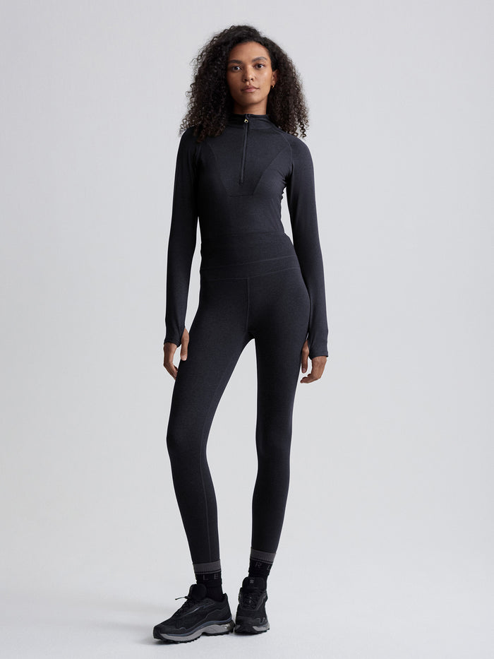 Black Marl|Varley Always Warm Base Layer Legging in Black Marl, product shot highlighting full-length fit and smooth knit fabric.