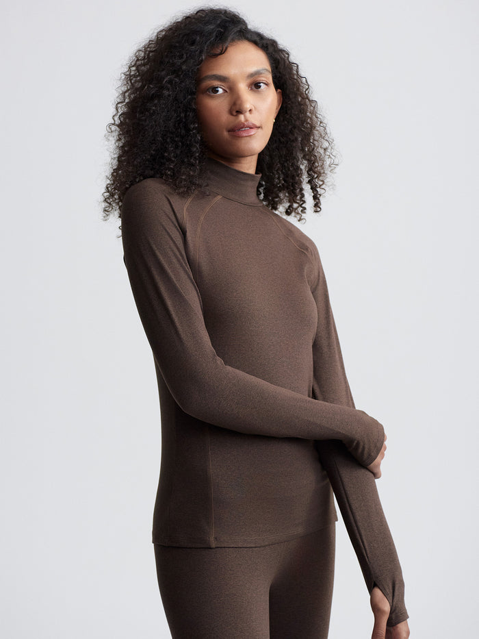 Chocolate Marl|Always Warm Base Layer Top in Deep Chocolate Marl, slim fit marled jersey with thumb holes and insulating properties for added warmth.
