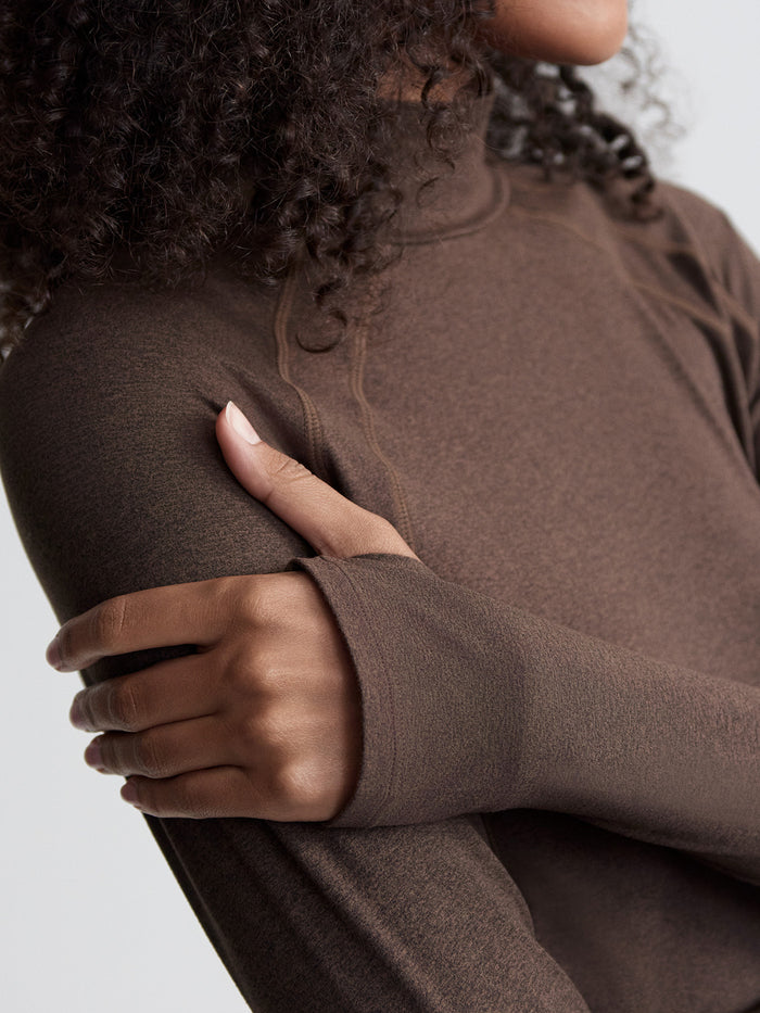 Chocolate Marl|Always Warm Base Layer Top Deep Chocolate Marl, front-view product image of a fitted base layer top in a deep chocolate marl knit.