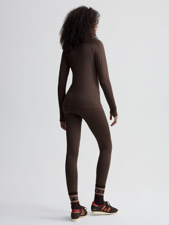 Chocolate Marl|Front view of the Varley Always Warm Base Layer Top in Deep Chocolate Marl, a fitted long-sleeve thermal knit designed for layering.