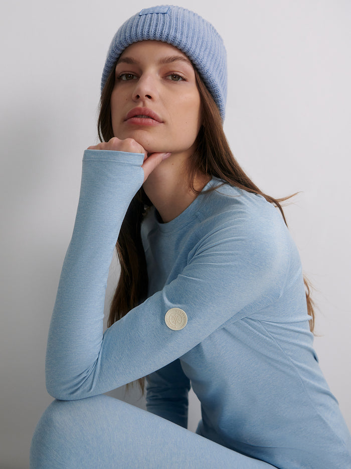 Glacier Blue|Front-facing image of the Always Warm Crew Neck Baselayer in Glacier Marl, a warm base layer with a crew neck.