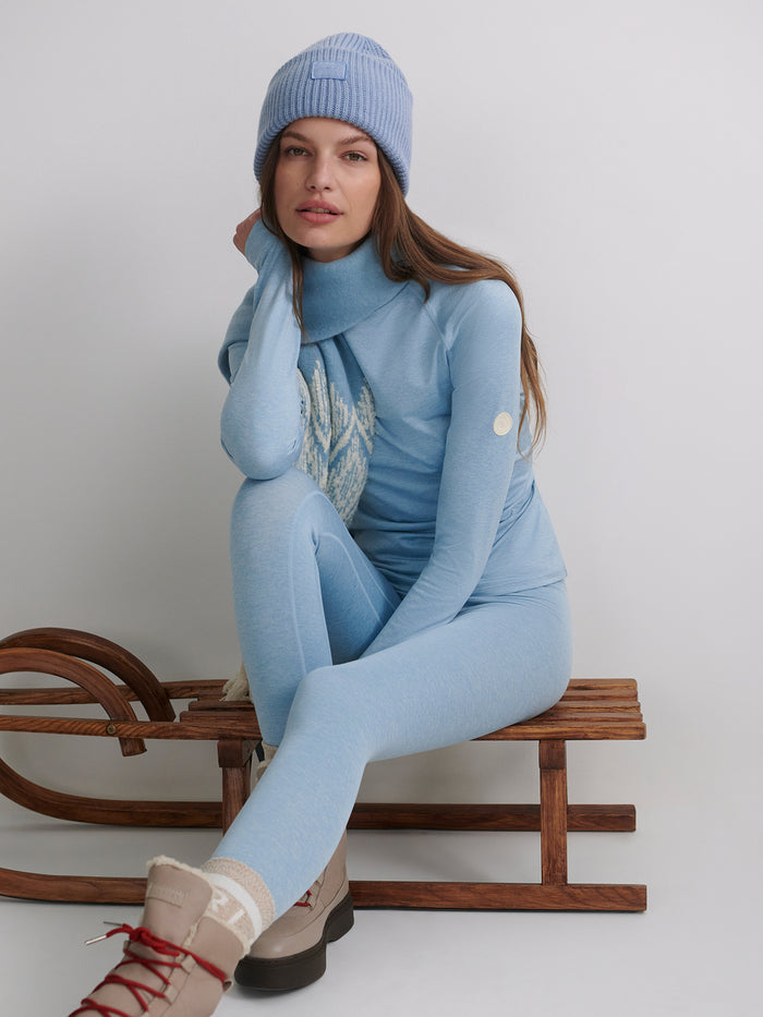 Glacier Blue|Always Warm Crew Neck Baselayer in Glacier Marl from Varley, front view of the base layer top in soft knit fabric.