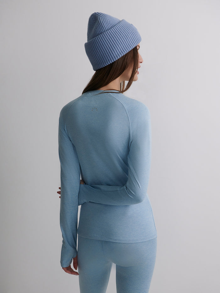 Glacier Blue|Always Warm Crew Neck Baselayer in Glacier Marl, front view of a thermal long-sleeve base layer top.