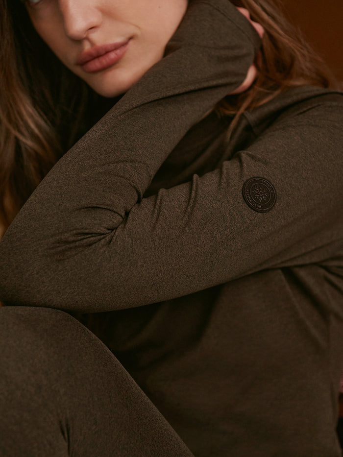 Deep Chocolate Marl|Always Warm Crew Neck Baselayer in Deep Chocolate Marl, long-sleeve thermal base layer top with a soft knit fabric for cold-weather layering.