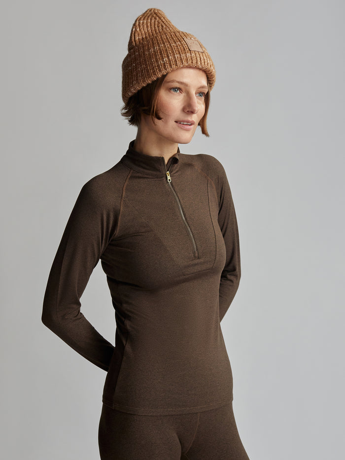 Deep Chocolate Marl|Always Warm Half-Zip Base Layer in Deep Chocolate, marled jersey with raglan sleeves and thumb holes, breathable half-zip for warmth and flexibility.