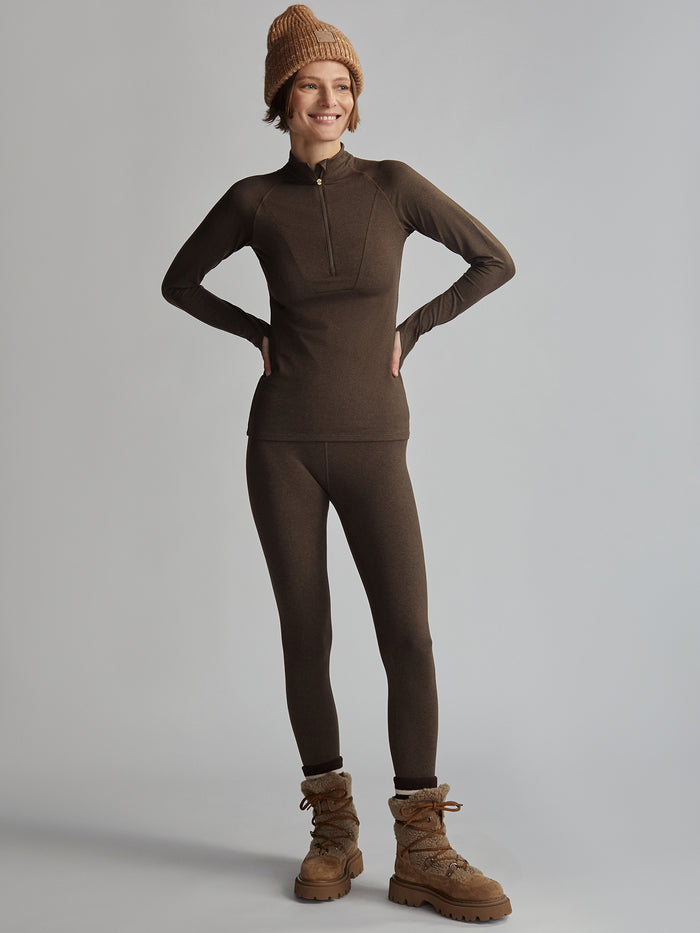 Deep Chocolate Marl|Always Warm Base Layer half-zip in Deep Chocolate Maul, front view of a dark chocolate base layer with a half-zip neckline.