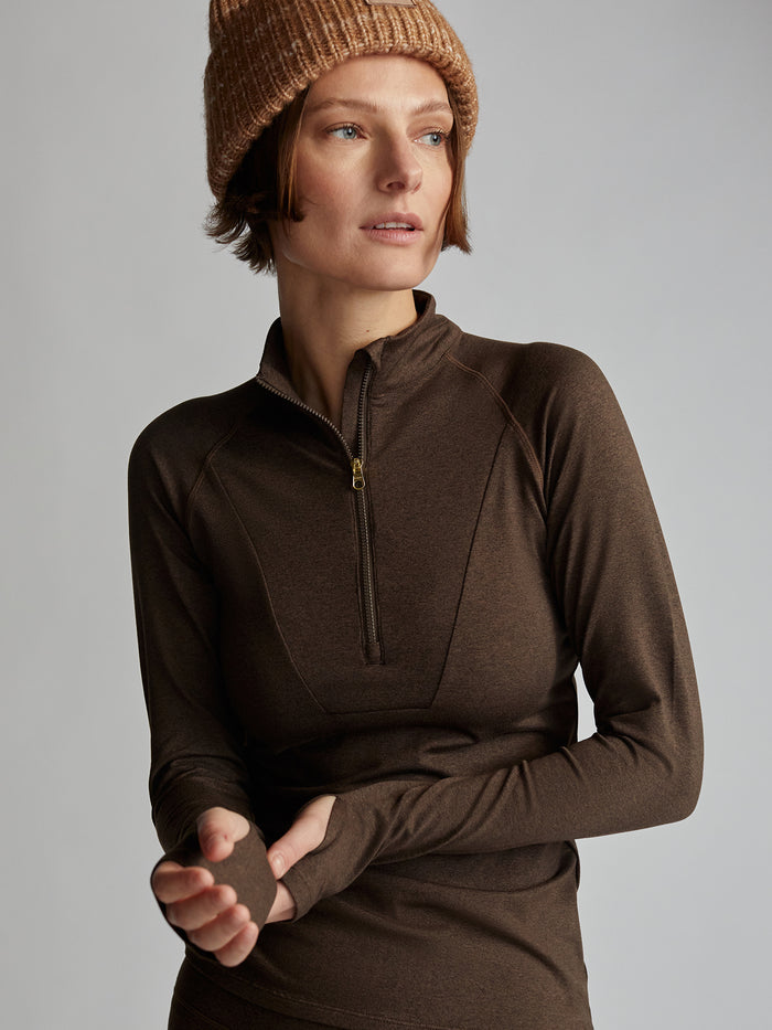 Deep Chocolate Marl|Always Warm Base Layer half-zip in Deep Chocolate, front view of a long-sleeve base layer top with a zip neckline.