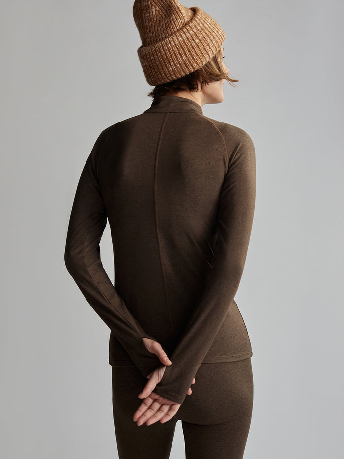 Deep Chocolate Marl|Always Warm Base Layer half-zip in Deep Chocolate Maul, front view of a long-sleeve thermal base layer with a high collar and exposed half-zip.