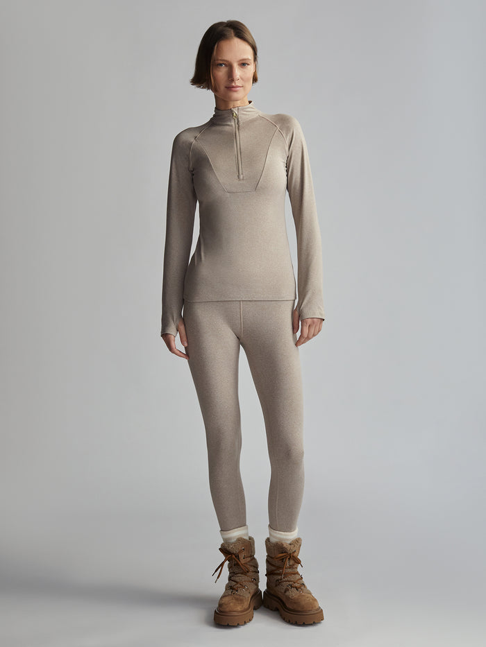 Taupe Marl|Front view of Always Warm Base Layer Half Zip Taupe Maul, showing a high collar, full-length zipper and soft knit fabric.