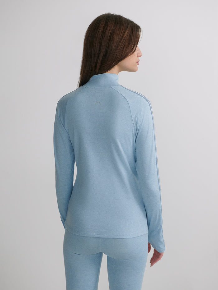 Glacier Marl|Front view of the Varley Always Warm Mock Neck Baselayer in Glacier Marl, long-sleeve top with mock neck, slim fit, crafted in Always Warm fabric.