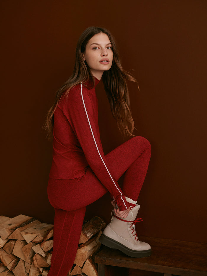 Red Dahlia|Always Warm Mock Neck Baselayer in Red Dahlia Marl, long-sleeve base layer with soft marl knit fabric.