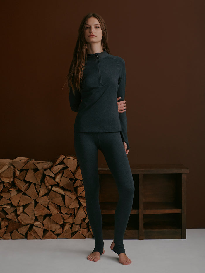 Black Marl|Always Warm Stirrup Legging in Black Marl, product shot highlighting full-length legging with stirrup detail and textured fabric.