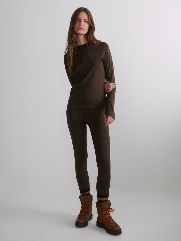 Deep Chocolate Marl|Varley Always Warm Stirrup Legging in Deep Chocolate Marl, fleece-lined stirrup legging featuring marled fabric.