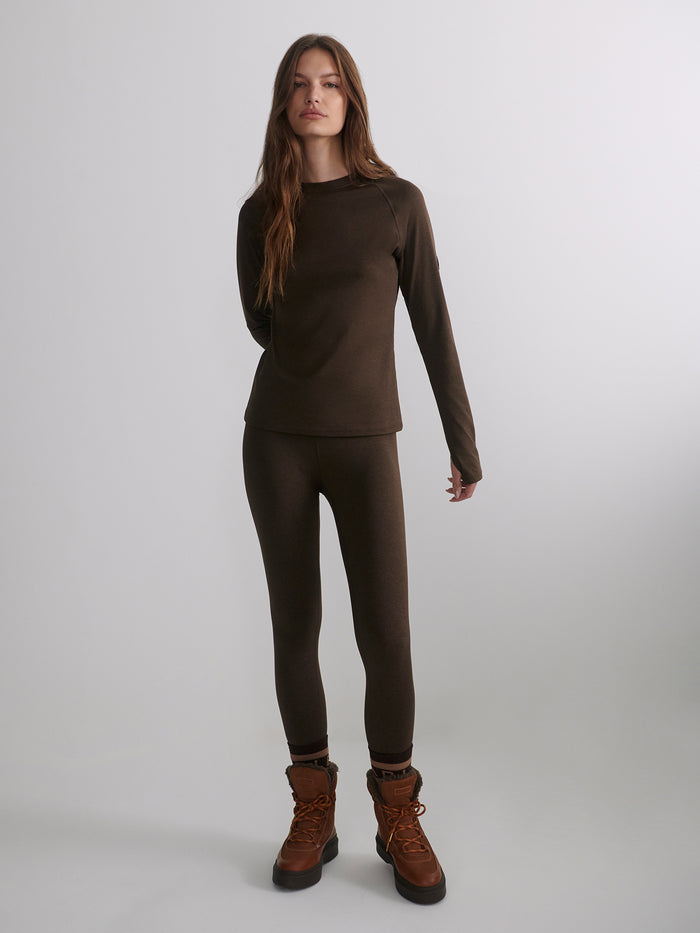 Deep Chocolate Marl|Varley Always Warm Stirrup Legging in Deep Chocolate Marl, marled knit fabric, full-length stirrup legging.