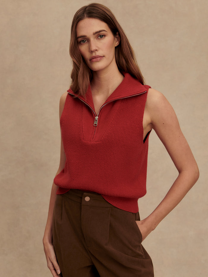 Lava Falls|Front view of Amina Half Zip Knit in Lava Falls, sleeveless soft viscose knit with all-over rib, half-zip collar and layering-ready design.